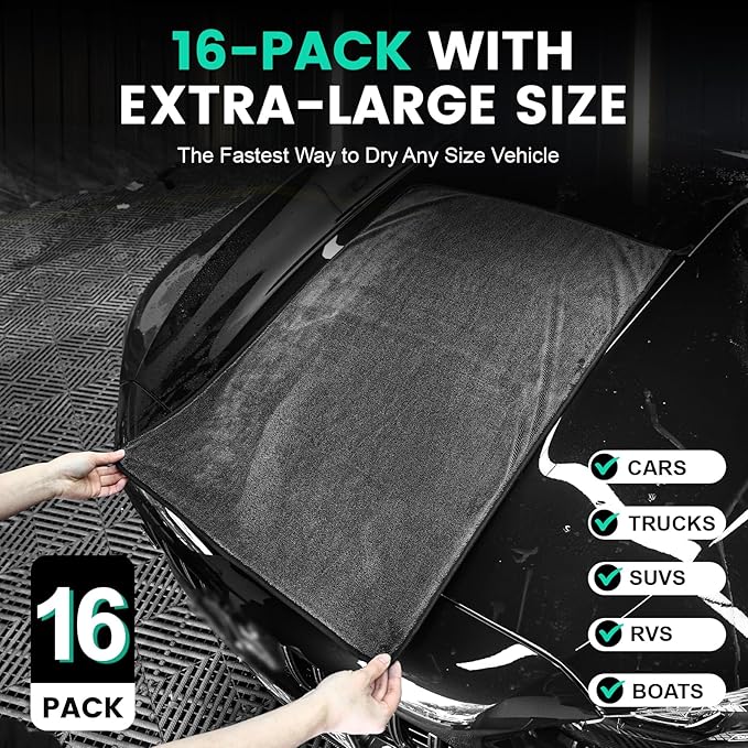 16-Pack Bulk Microfiber Towels for Cars, Super Absorbent Car Drying Towel, Extra Large Car Towel (600GSM, 24" x 35")