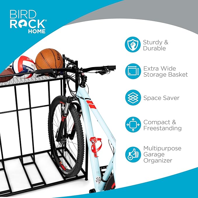 BIRDROCK HOME Bike Rack Garage Storage Floor Stand - Freestanding Organizer for Outdoor Yard - Upright Wall Mount for Scooters, Rakes, Motorcycles, Hoverboards, Gloves - Holds 4 Bicycle - Black