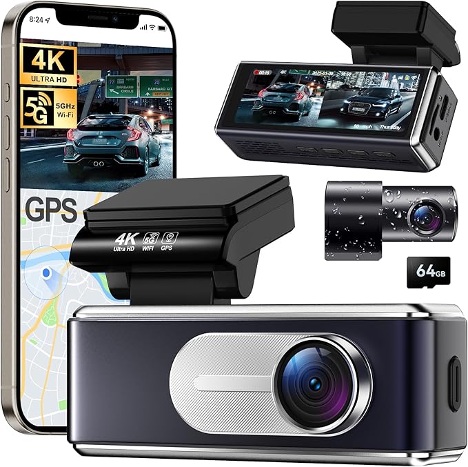 Dash Cam Front and Rear - 4K HD Dual Dash Camera for Cars, Built-in 5G WiFi GPS, 64GB Card, Dashcam with 3.2" IPS Screen, UHD Night Vision, HDR, App Control, 24H Parking Monitor