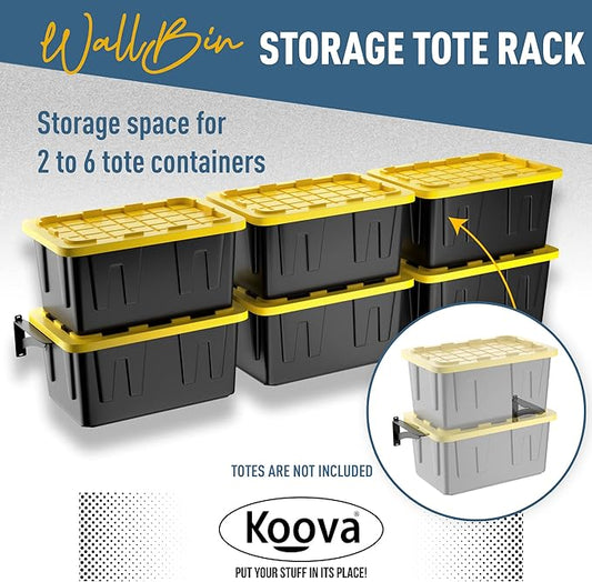 Koova Wall Mounted Tote Rack Storage System, Fits 27-Gallon Black and Yellow Commander Style Bins, Wall Mount Bracket Shelves for Garage Organization, Heavy Duty Steel, Made in USA (1-Piece Add-on)