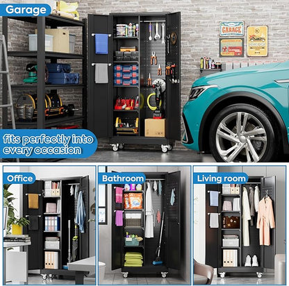 Garage Storage Cabinet with Wheels and 5 Pegboard, 71" H Metal Storage Cabinets with 2 Locking Doors and 4 Shelves, Broom Closet Storage Cabinet with Hanging Rod and 13 Hooks, Black