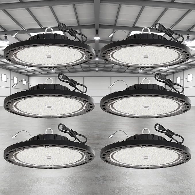 6 Pack UFO LED High Bay Light 250W, 35000 LM, 5000K with 5ft Power Cord, US Plug, Bright LED Shop Light for Basement Commercial Factory Garage Lighting, IP66 Waterproof, AC110-277V, ETL Listded