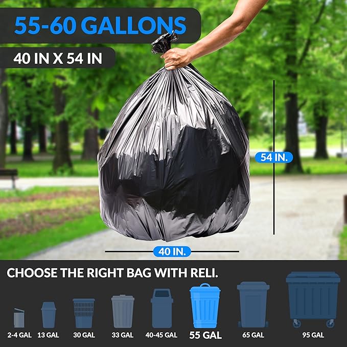 Reli. 55-60 Gallon Trash Bags Heavy Duty | 150 Count | 50-60 Gallon | Large Black Garbage Bags | Made in USA