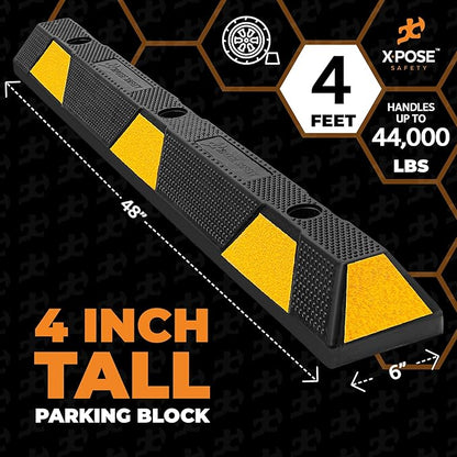 Xpose Safety 48" Heavy Duty Rubber Parking Stopper – 1 Pack Wheel Blocks for Garage, Driveway, or Ramp – Car Bumper Stop with Yellow Reflective Strips – Removable Floor Mount