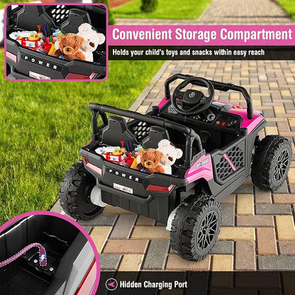 Costzon Kids UTV, 12V Battery Powered Electric Off-Road Car w/Remote Control, Sounds, Wireless Connection, 3 Speeds & 4-Wheel Suspension, Kids Ride on Truck, Gift for Boys & Girls 3+ Years Old (Pink)