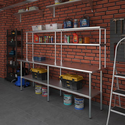 Amgood Stainless Steel Work Table Double Tier Overshelf | Metal Kitchen Prep Table & Shelving Combo (24" x 96" Work Table + 12" Overshelf)
