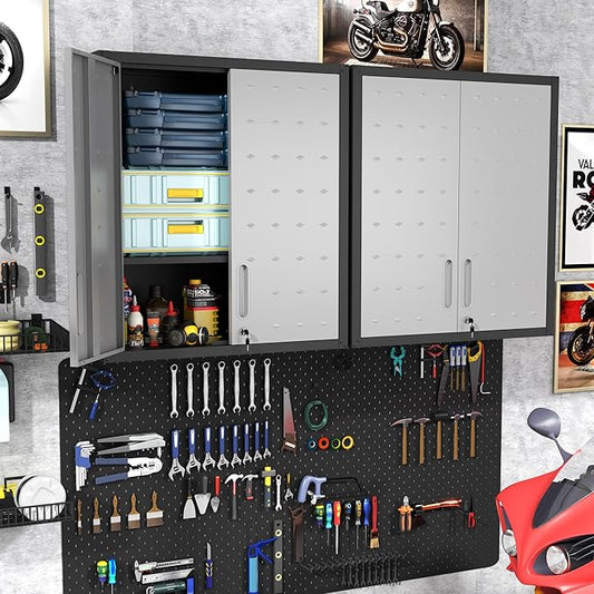 Garage Wall Mounted Storage Cabinet with Doors and Shelves, Lockable Metal Wall Cabinet, Hanging Tool Cabinet for Garage Utility Room (Black & Grey)