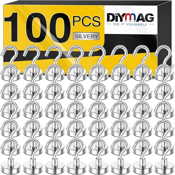 DIYMAG Neodymium 100 Pack Magnetic Hooks, Facilitate Hook for Cruise, Home, Kitchen, Workplace, Office and Garage