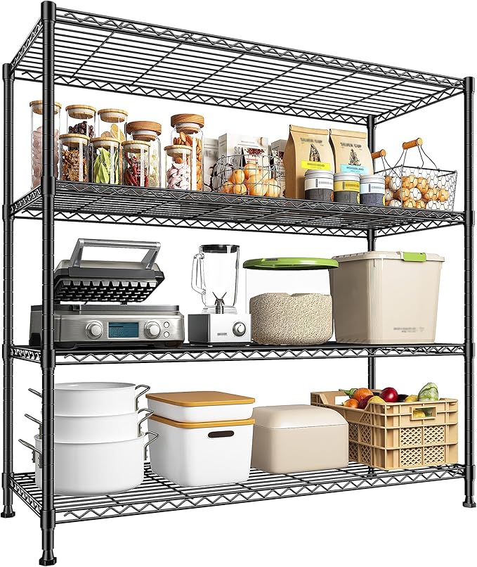 45 "W Metal Shelving Unit 4 Tier Storage Shelves Adjustable Wire Shelving Metal Shelf Pantry Shelves Wire Rack Commercial Shelving for Kitchen Pantry Utility Room Garage 45 "W x 59.4 "Hx 13.5" D Black