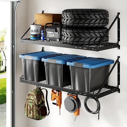FLEXIMOUNTS 2-Pack 2x4ft Garage Wall Shelving with 4 Hooks - Heavy Duty Garage Storage System, 440 lbs Load Capacity with Brace Guardrail, Wall Mounted Organization for Bikes, Tools, Bins