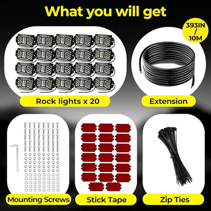 20 Pods 540 LEDs White Rock Lights with 11yd/10M Extension Wire, 6000K Super Bright Underglow Light, Waterproof IP67, 360° Full Angle Illuminate Rock Lights for Trucks Jeep UTV ATV SUV Boats