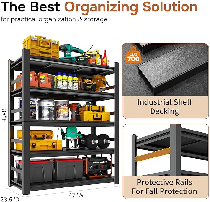 88" H Garage Shelving 5 Tier Storage Shelves Heavy Duty 3800LBS Adjustable Shelf Unit Metal Garage Shelving for Warehouse Industrial Basement, 88" H x 47" W x 24" D, Black