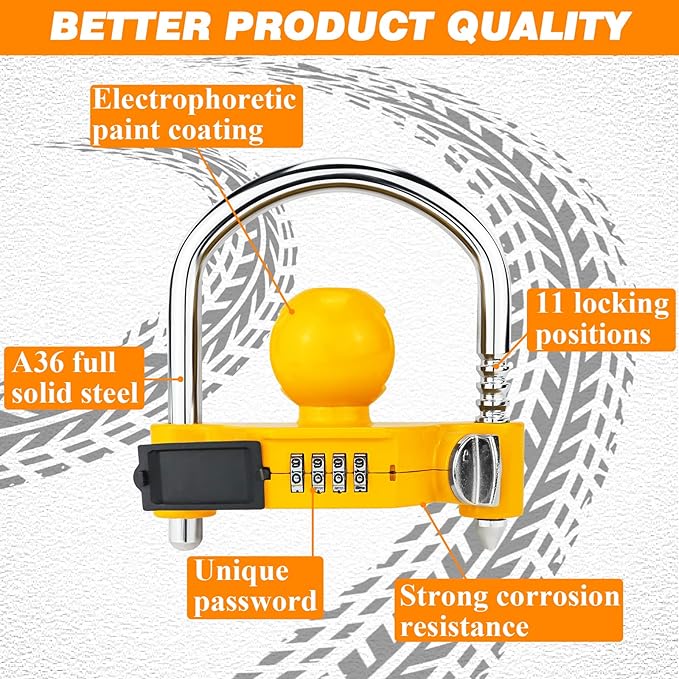 Funmit Trailer Lock Universal Hitch Lock with Combination Lock, fit 1-7/8", 2", 2-5/16" Coupler, Camper Accessories for Travel Trailers Boats Trucks Rvs Yellow