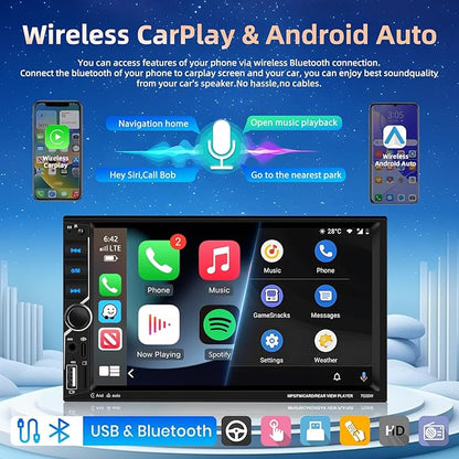 [Upgrade] Podofo Wireless Carplay Car Stereo,7 Inch Double Din Touchscreen Car Radio with Bluetooth5.1,Android Auto,Voice Control,MirrorLink,FM Radio,GPS,WiFi,USB/TF/AUX Port+MIC