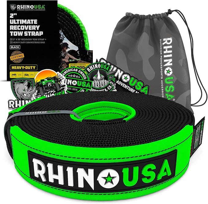 Rhino USA Recovery Tow Strap (2" x 20') - 20,024lb Break Strength - Emergency Recovery Strap Tow Rope for UTV, ATV & More - Heavy Duty Towing Strap for Offroad 4x4 Use - Compatible with RZR and Can-Am