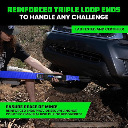 Rhino USA Recovery Tow Strap (3"x20') - 31,518lb Break Strength- Emergency Recovery Strap Tow Rope for Truck, UTV, ATV & More - Heavy Duty Towing Strap for Offroad 4x4 Use- Compatible with Jeep (Blue)