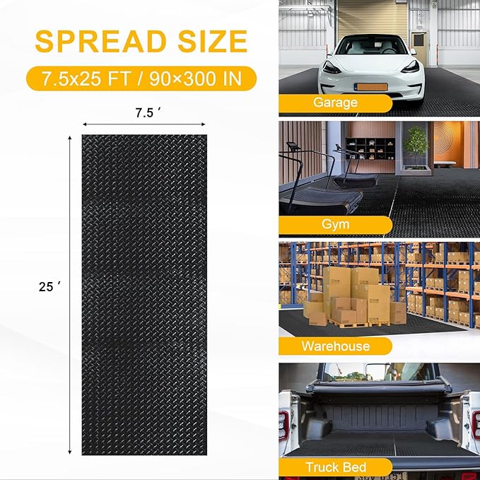 7.5x25 FT Garage Floor Mat, 2.8mm Thicked Flooring Roll 188 sqft Diamond Plate PVC Rubber Trailer Mat, Non-Slip Floor Protector Mat for Garage Warehouse Gyms Boats