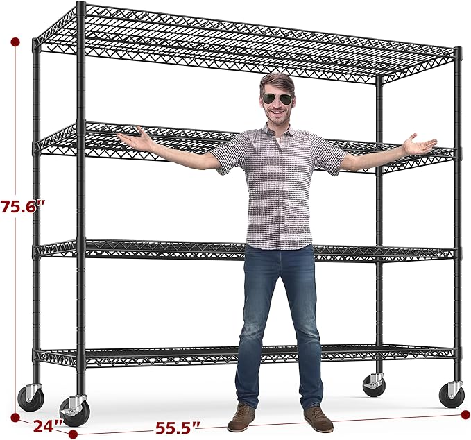 REIBII 75.6" H Storage Shelves Wire Shelving Unit with Wheels 2500LBS Garage Shelving Heavy Duty Metal Shelves for Storage Rack Adjustable Pantry Shelf Commercial Shelving, 75.6" H X 55.5''W X 24" D