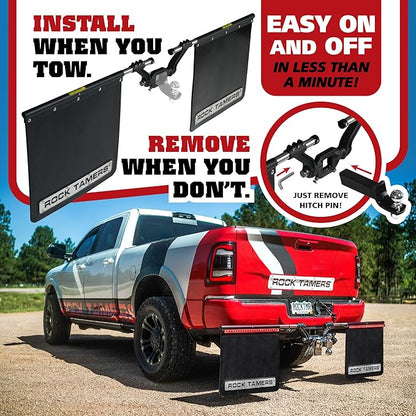 Rock Tamers 3" Official Mudflap System 00112 - 3" Hitch Receiver, Check Measurements - Hitch Mounted Mud Flaps to Protect What You Tow - Removeable and Adjustable - Black/Stainless Steel - 1 System