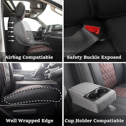 JOJOBAY Car Seat Covers for Dodge Ram Full Set,Fit Ram 2009-2025 1500/2500/3500 Pick-up Truck,Crew,Regular,Quad,Mega Cab,Waterproof Leather Seat Covers Protectors（5PCS Full Set,Black-Brown）