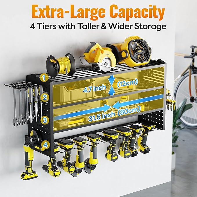 Tomorotec Wall-Mounted Power Tool Storage Rack for Drill, Toolbox & Accessories, Heavy-Duty Steel Organizer with Side Hooks and Adjustable Shelves, Easy Installation Garage & Workshop Storage (Black)