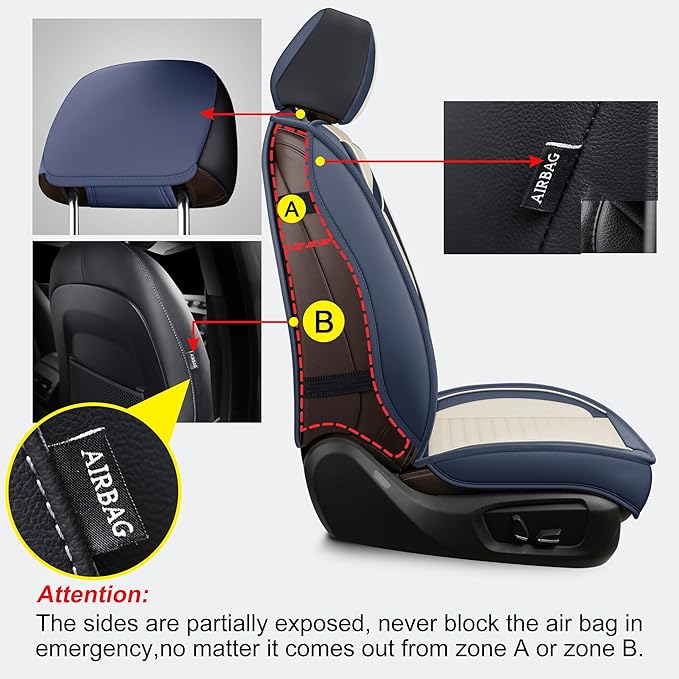 LINGVIDO Car Seat Covers, Breathable and Waterproof Faux Leather Automotive Seat Covers for Cars SUV Truck Sedan,Universal Anti-Slip Seat Cover with Backrest (Front Seat, White & Blue)