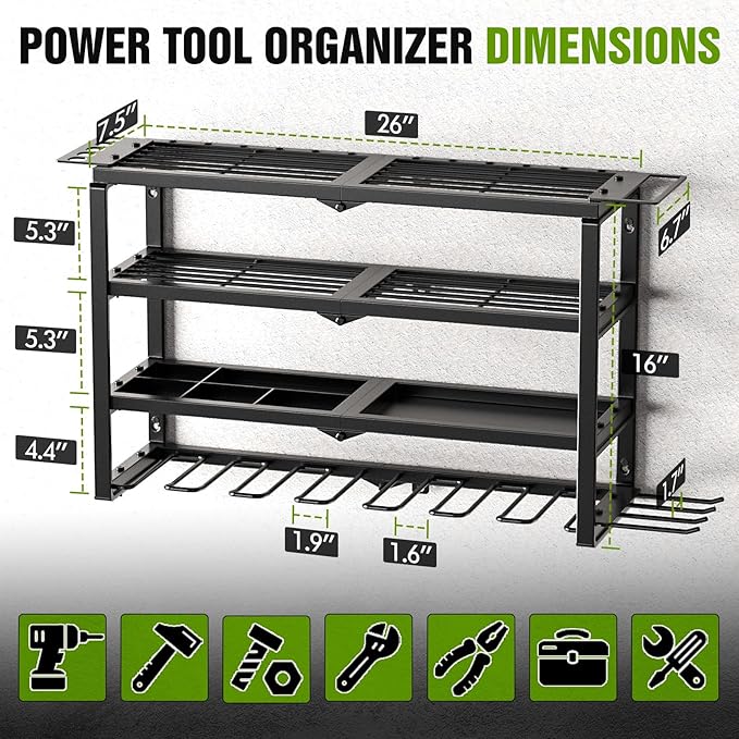 MAXIFFE 4 Layer Power Tool Organizer Wall Mount, Heavy Duty Metal Cordless Tool Organizers and Storage Rack Holder with 9 Drill Holders for Garage Storage Organization, Gifts for Men, Black, 26 inch