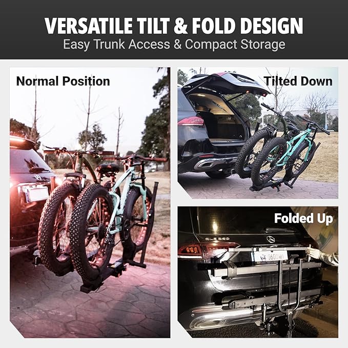TRAILV2 Hitch Mount 2-Bike Rack with Bike Ramp - Tilt, Fold, Anti-Theft Hitch & Wheel Lock, 170lbs Capacity, 2-Inch Receiver, Up to 5.0" Fat Tire, Electric Bike Rack for Car, SUV, RV, Truck