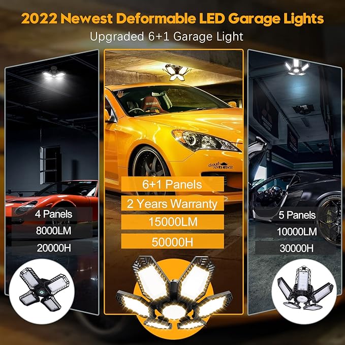 TANBABY 2 Pack Garage Light Warm 150W Led 3000k Garage Lighting 12000LM [Equivalent] Deformable Garage Light Ceiling with 6 Panels E26/E27 Base Illuminator 360 Basement Lights for Shop