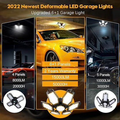 TANBABY 2 Pack Garage Light Warm 150W Led 3000k Garage Lighting 12000LM [Equivalent] Deformable Garage Light Ceiling with 6 Panels E26/E27 Base Illuminator 360 Basement Lights for Shop