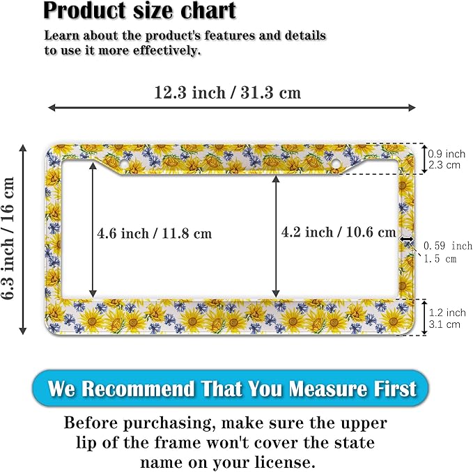 License Plate Cover Frame for Women Multicolor License Plate Frames for Men Sunflowers Aluminum Metal Car Accessory 2 Pack with Screw Covers Set