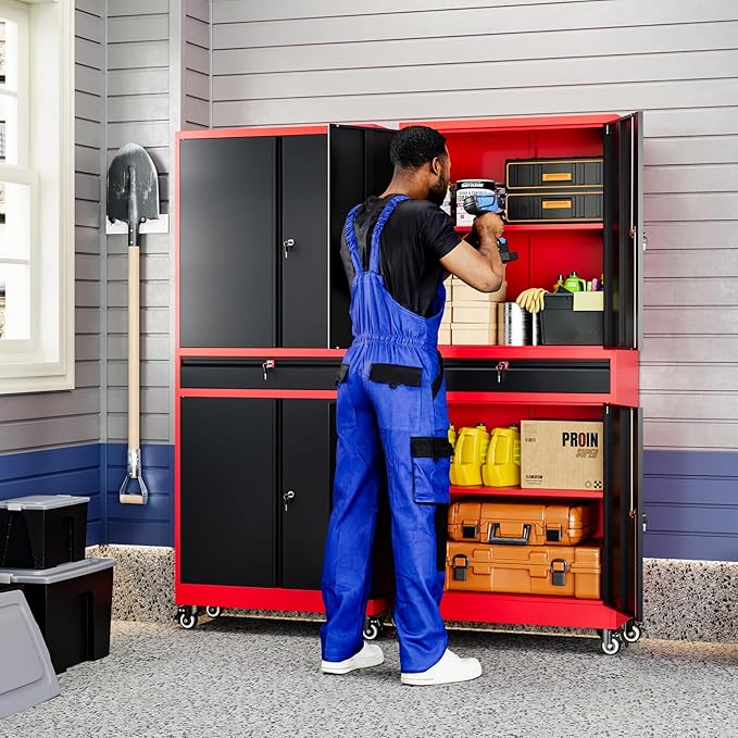 Yizosh Metal Garage Storage Cabinet with Locking Doors and Adjustable Shelves,- 73" Rolling Tool Storage Cabinet with 4 Wheels and 1 Drawer for Garage,Warehouse (Red Black)