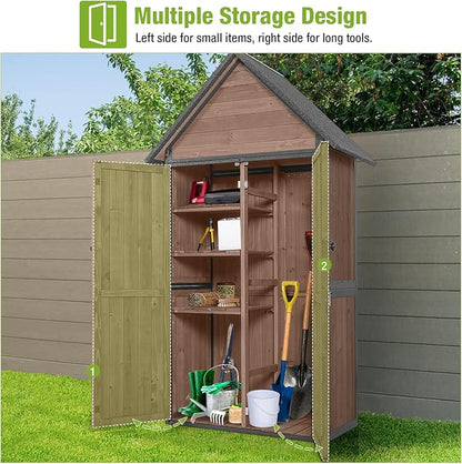 GUTINNEEN Sheds Outdoor Storage Wooden Garden Tool Shed with Metal Frame Sloped Roof and Adjustable 3 Tiers Shelves Outdoor Storage Cabinet for Backyard Garden Patio Lawn 67.1"(Dark Brown)