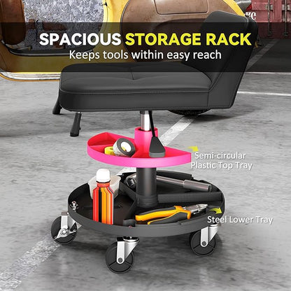 HOMCOM Rolling Mechanic Stool, 300 LBS Capacity Pneumatic Creeper Garage Stool with 360° Wheels, Backrest, Heavy Duty Roller Seat Padded Shop Chair with Tool Tray Storage, Adjustable Height, Black