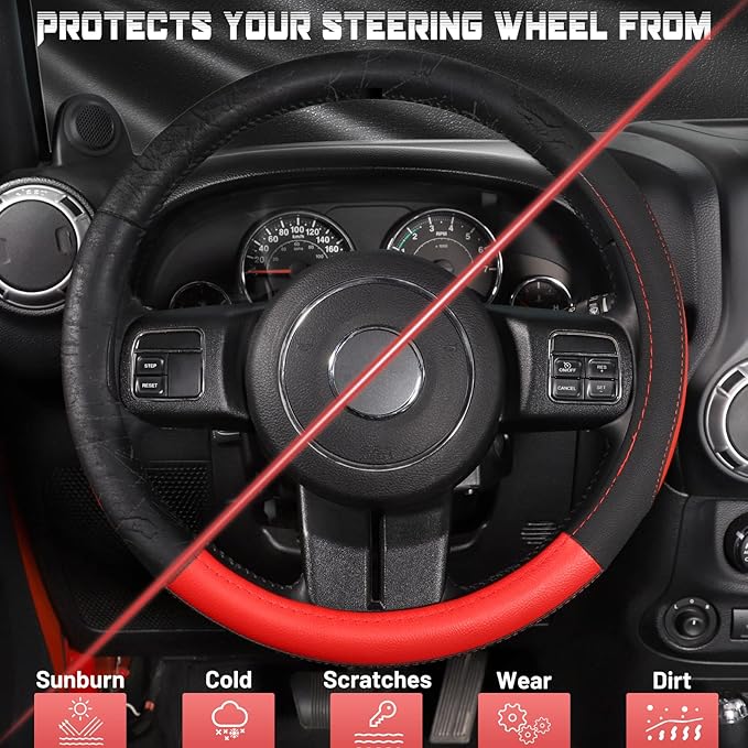 SEG Direct Car Steering Wheel Cover for F-150 Tundra Range Rover 15.5-16 inch, Black and Red Microfiber Leather