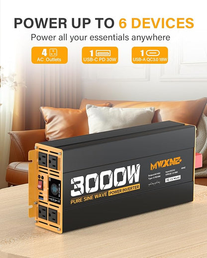 3000W Pure Sine Wave Inverter 24V DC to 110V 120V AC Converter for RV Truck Home Off-Grid Solar Power Inverter with Type-C PD30W/USB Port QC3.0 Quick Charging, 4 AC Outlets, Remote Control