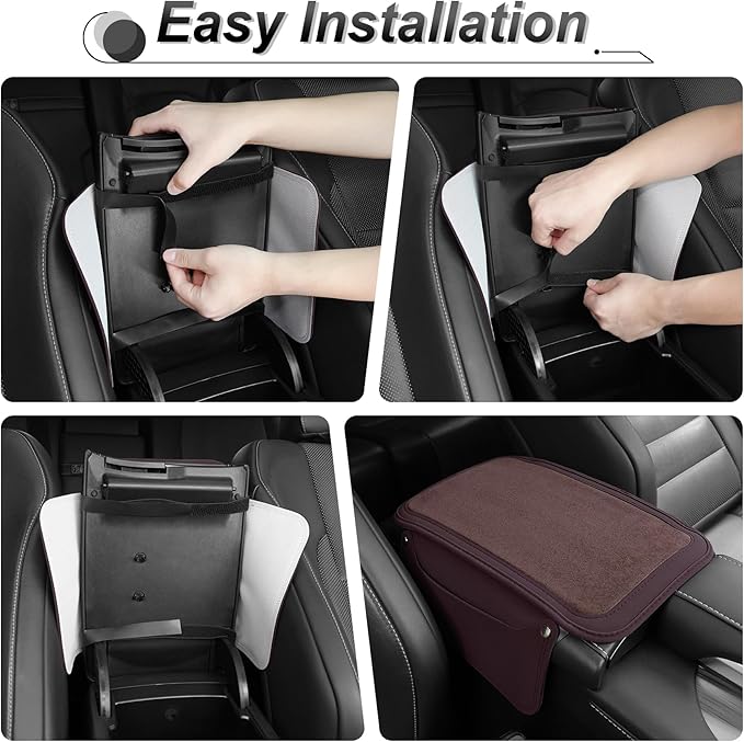 SINGARO Car Leather Center Console Cover with 2 Storage Bags, Universal Furry Fluffy Car Armrest Seat Box Pad, Comfortable Car Interior Accessories, Fits for Most Vehicles (Brown)
