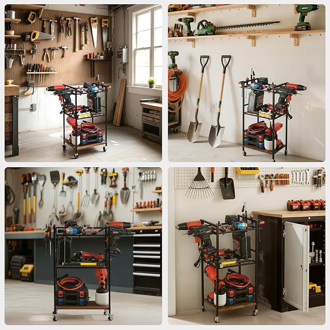 MUTUACTOR Heavy Duty Garage Tools Organizer Cart,3-Tier Rolling Utility Tool Chest with Electric Impacts Rack,Large Load-Bearing Shelf Storage Metal Rack Tool Cart with Wheel for Organizer and Storage