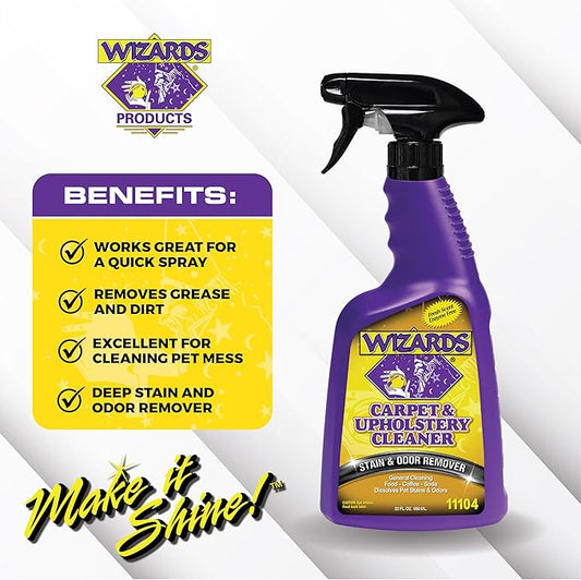 Wizards Carpet and Upholstery Cleaner - Fabric Cleaner Spray Solution for a Fresh & Clean Car - Pet Stain & Smell Remover and Natural Carpet Cleaner - Made in USA - 22 oz
