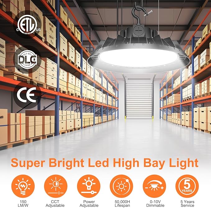 LED High Bay Lights, 150W UFO High Bay LED Shop Lights, 22500LM Adjustable CCT(5700K 5000K 4500K) & Power(150W 120W 80W), 0-10V Dimmable, 5' Cable Plug, IP65 Waterproof, ETL & DLC Listed High Bay
