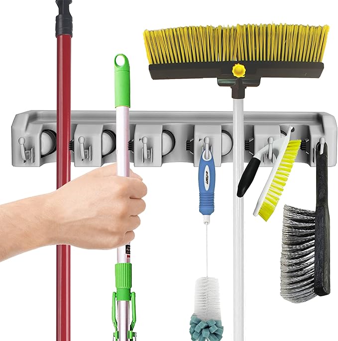 Stalwart Garden Tool Organizer Wall Mount Broom and Mop Holder, 5 Adjustable Slots and 6 Hooks Utility Rack for Garage or Home Organization, 2-Pack