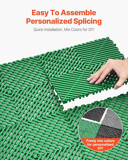 VEVOR Interlocking Drainage Mat, 50 Pcs Modular Interlocking Cushion, 12” x 12” Splicing Drainage Mats, Non-Slip Green PP Drainage Floor Tile and Shower Mat, for Garage, Garden, Kitchen & Outdoor