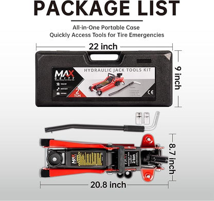 2-Ton (4400 lbs) Hydraulic Low Profile Trolley Garage Service/Floor Jack with Blow Mold Carrying Storage Case and Universal Tire Tool Kit with Lug Wrench for Home and Workshop Vehicle Maintenance