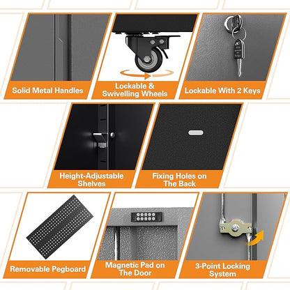 Metal Garage Storage Cabinet with 2 Doors, Adjustable Rolling Tool Storage Cabinet with Lock, 71" Steel Locking Tool Cabinet with Wheels and Shelves for Garage, Warehouse(Black&Gray, 71" H)