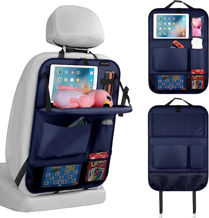 LUCMO Car Backseat Organizer with Tablet Holder,6 Storage Pockets Car Storage Organizer with Foldable Food Tray,Seat Protectors Kick Mats Travel Accessories-Dark Blue