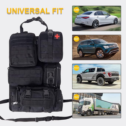 Universal Tactical Seat Back Organizer Vehicle Molle Panel Organizer Storage Bag with 5 Detachable Molle Pouch for All Vehicel Such as Jeep,Truck,SUV, Car, Ford,Chevy etc