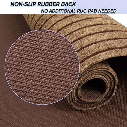 Custom Size Backed Non-Slip Area Rugs Runner, Easy Clean, Waterproof Runner Rugs for Hallway Entryway, Kitchen, Laundry, 3FT x 20FT, Brown Stripe