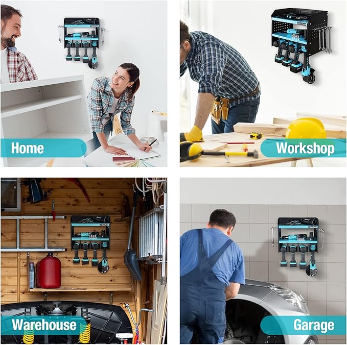 DURATECH Power Tool Organizer Wall Mount with Power Strip, Carbon Steel, Blue, 16.8in Width, 10.9in Depth, 14in Height