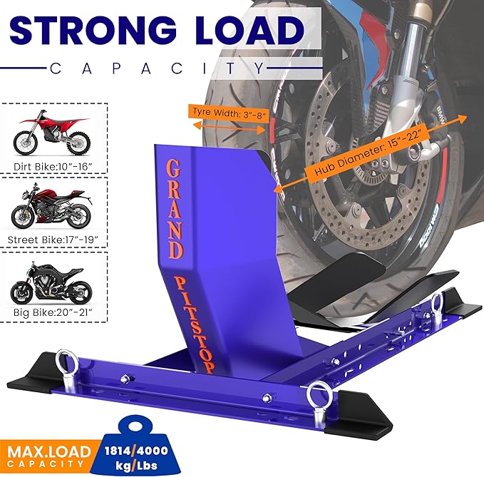 GRAND PITSTOP Universal Wheel Chock for Motorcycle Stand for Trailer Completely Adjustable Detachable Foldable Wheel Chock (Blue)