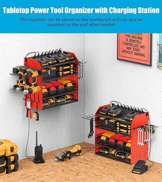CCCEI Modular Desk Power Tools Organizer with Charging Station, 4 Layer Drills Battery Storage Wall Mount, Garage Shop Organization, Anniversary, Birthday, Gifts for Men, Father, Red, 10FT Cord.